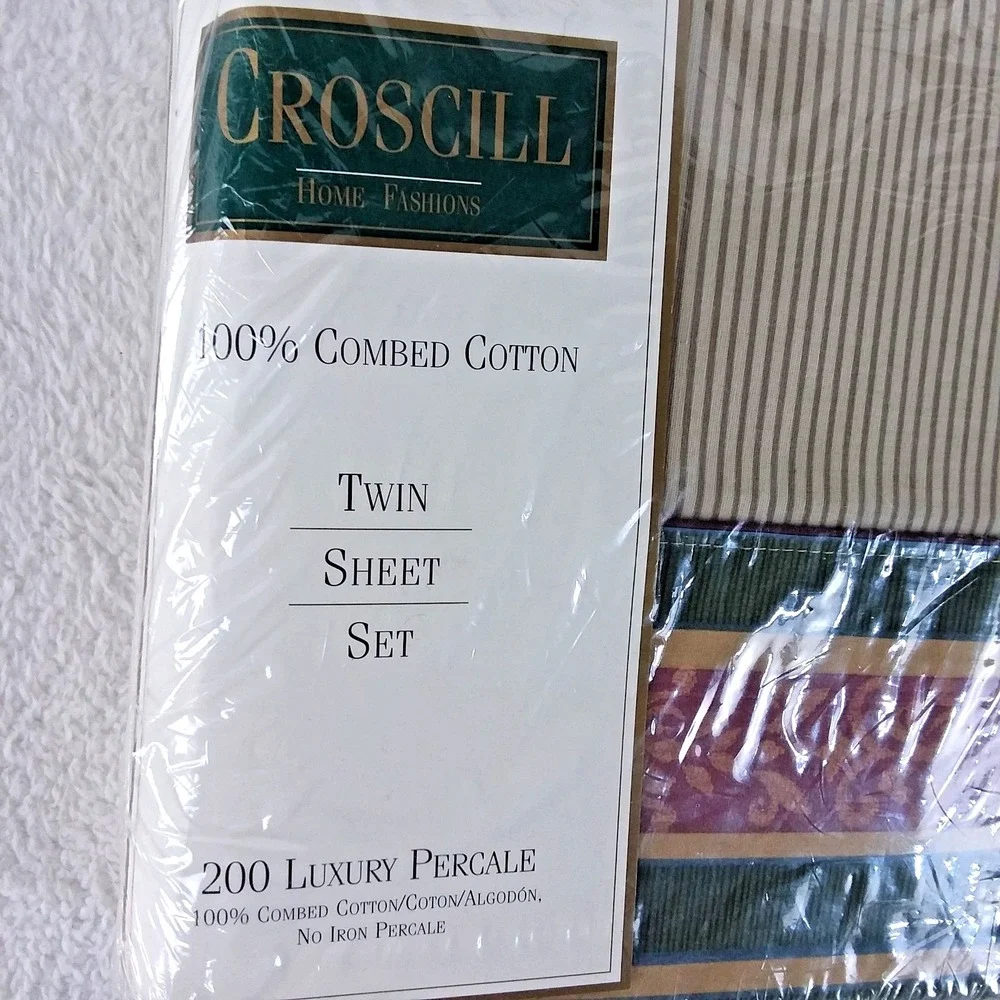 Croscill Dunhill Twin‎ Sheet Set 200 Luxury Percale USA Green Gold Burgundy NOS